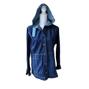 Vintage 70s Mushroom Denim Hooded Jacket Womens M Snap Front Chore Coat Boho